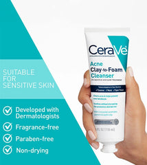 CeraVe Acne Clay To Foam Cleanser 118ml – Salicylic Acid Acne Face Wash for Oily Skin