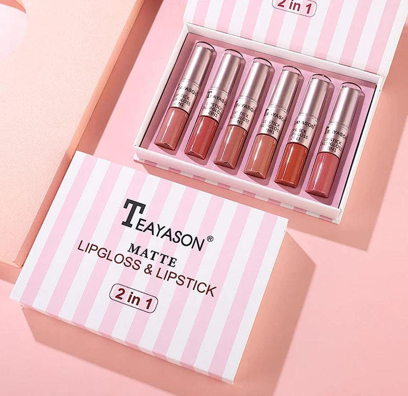 TEAYASON 6 Pcs Matte 2in1 Lipgloss & Lipstick Set B