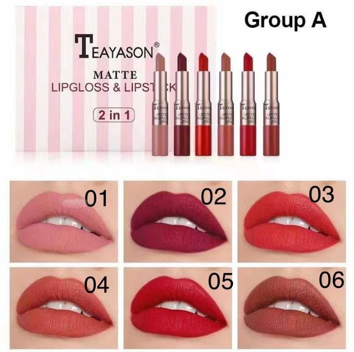 TEAYASON 6 Pcs Matte 2in1 Lipgloss & Lipstick Set A