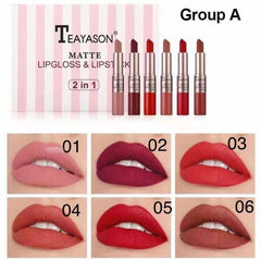 TEAYASON 6 Pcs Matte 2in1 Lipgloss & Lipstick Set A