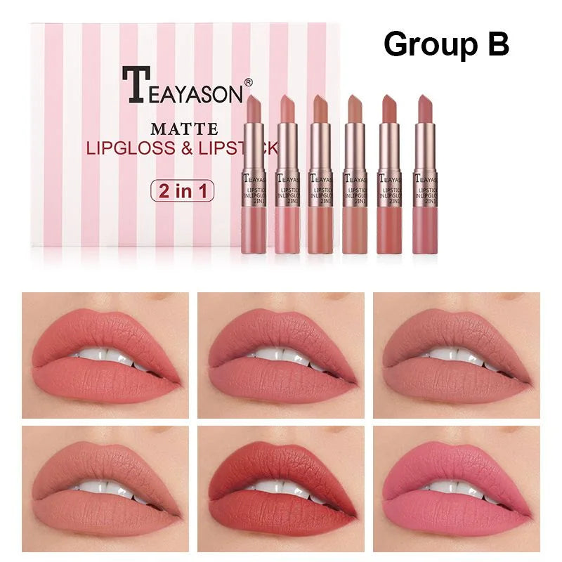 TEAYASON 6 Pcs Matte 2in1 Lipgloss & Lipstick Set B